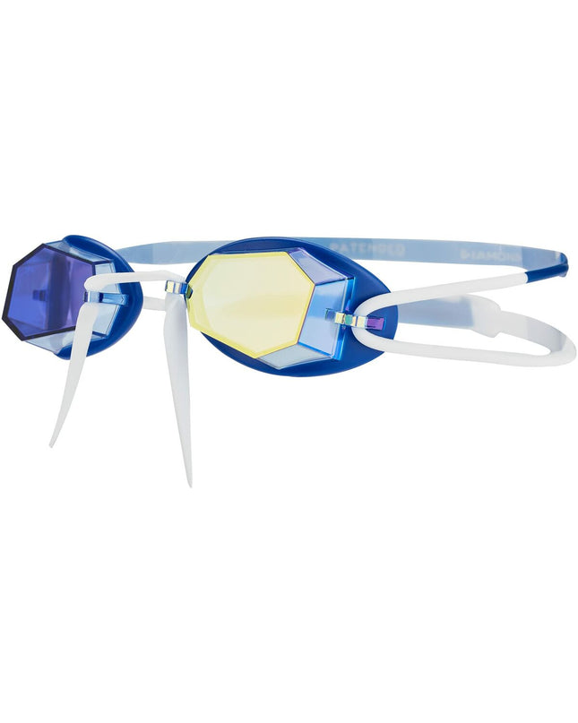 Zoggs Diamond Mirror swimming goggles in blue and white with mirrored lenses, designed for water sports and outdoor swimming.