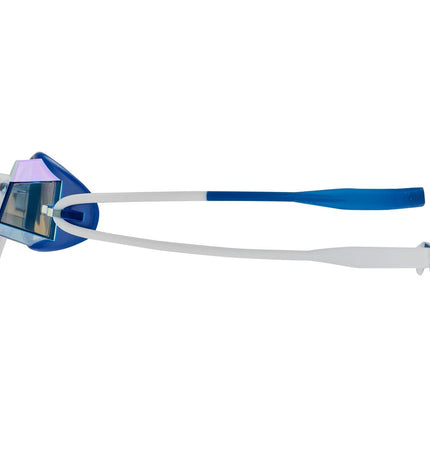 Zoggs Diamond Mirror blue and white swimming goggles for water sports, featuring mirrored lenses and adjustable straps.