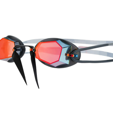 Zoggs Diamond Mirror swimming goggles in black and red with mirrored lenses, designed for water sports and outdoor swimming.