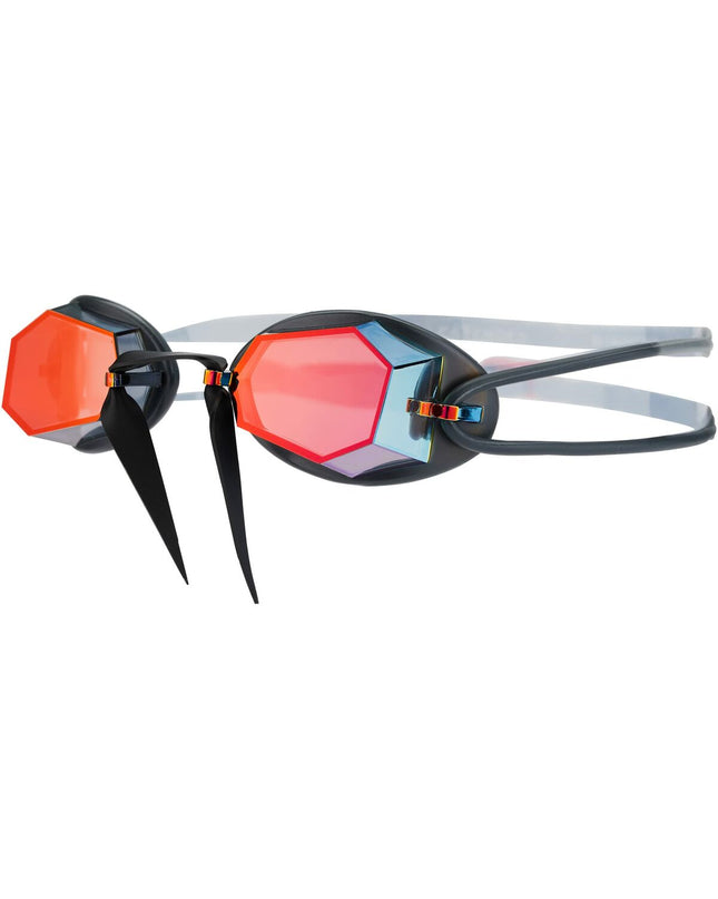 Zoggs Diamond Mirror swimming goggles in black and red with mirrored lenses, designed for water sports and outdoor swimming.