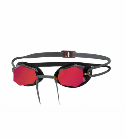 Zoggs Diamond Mirror swimming goggles in black and red with mirrored lenses, suitable for water sports and outdoor swimming.
