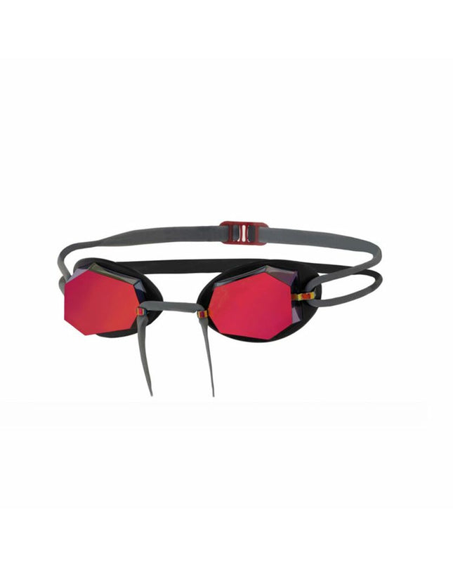 Zoggs Diamond Mirror swimming goggles in black and red with mirrored lenses, suitable for water sports and outdoor swimming.