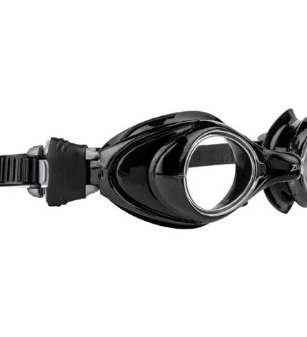 Zoggs Zwembril in zwart with clear lenses, designed for water sports, one size fits most, suitable for swimming and aquatic activities.