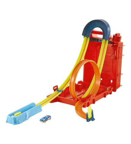 Mattel Hot Wheels Baan Lanceerder toy track builder for vehicles, featuring colorful plastic track pieces and racing cars.