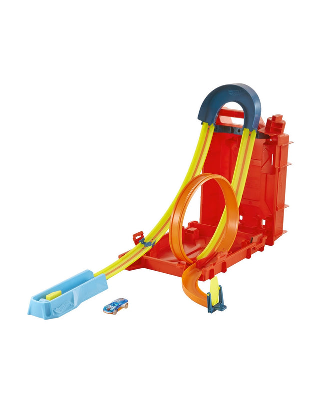 Mattel Hot Wheels Baan Lanceerder toy track builder for vehicles, featuring colorful plastic track pieces and racing cars.