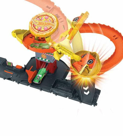 Colorful Mattel race track with toy cars and racing features, part of the Mattel toy vehicles collection.