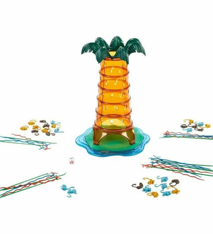 Mattel Tumblin' Monkeys toy game with colorful plastic monkeys stacked on a wooden base and a metal pole.