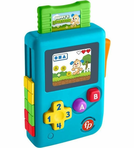 Fisher-Price My First Game Console, portable electronic toy with colorful buttons and screen for young children.