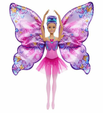Barbie actiefiguur uit speelgoed en games, pop en actiefiguur, zwart haar en kleurrijk outfit, poseert op witte achtergrond.