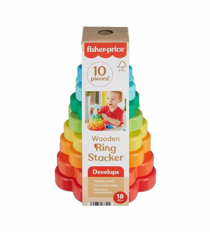 Fisher-Price baby stacking blocks toy with 10 colorful pieces for young children to build and play.