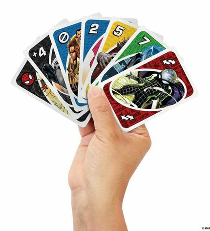 Mattel UNO Spiderman card game with colorful Spiderman-themed playing cards, perfect for family game nights and fun.