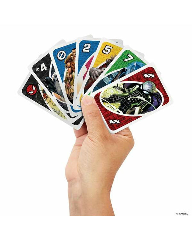 Mattel UNO Spiderman card game with colorful Spiderman-themed playing cards, perfect for family game nights and fun.
