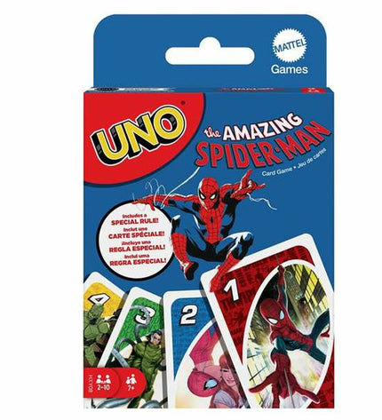 Mattel UNO Spiderman card game featuring Spider-Man themed playing cards and colorful game accessories.