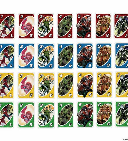 Mattel UNO Spiderman card game with colorful Spider-Man themed playing cards, perfect for fun family game nights