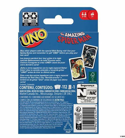 Mattel UNO Spiderman card game with colorful Spiderman-themed playing cards and game accessories, designed for fun and family play.