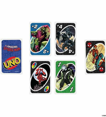 Mattel UNO Spiderman card game, colorful Spider-Man themed playing cards from the popular toy and game brand.