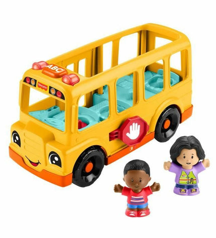 Fisher-Price Little People school bus toy with push handle and musical features, suitable for children’s play and imaginative fun.