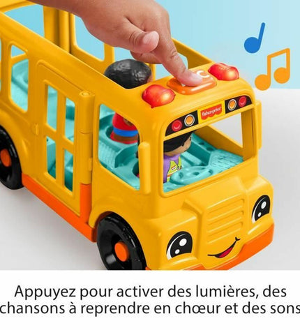 Fisher-Price Little People school bus toy with push handle and musical features, colorful play vehicle for kids.