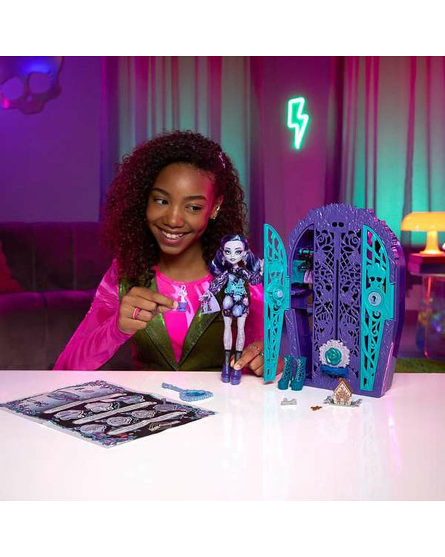 Colorful Mattel action figure from toy set, dressed in costume, posed on a play surface with detailed accessories.