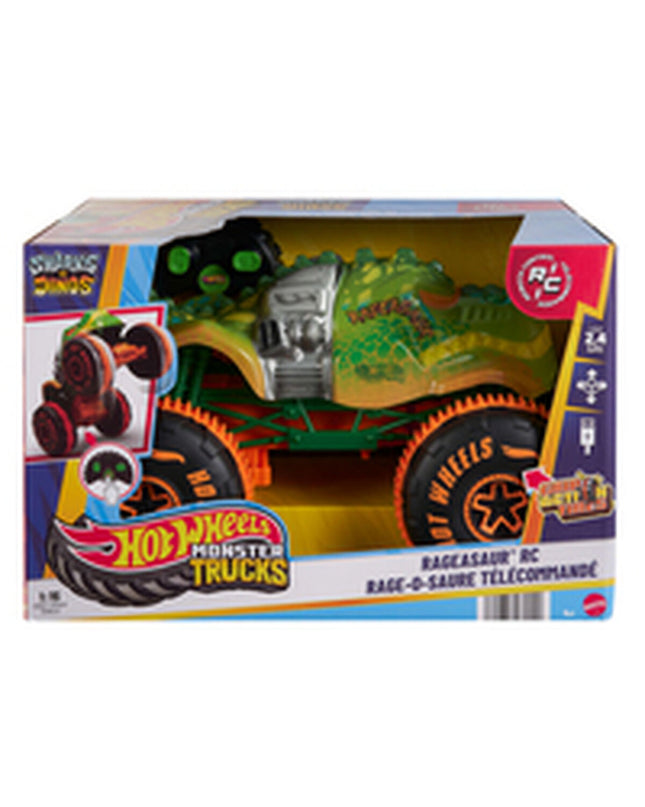 Hot Wheels Samsh O Saurus remote control monster truck toy, 1:15 scale, bright colors, detailed dinosaur design, suitable for children