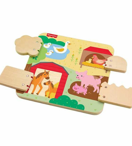 Mattel baby toy with animal designs, 20x20 cm, soft and colorful plaything for young children.