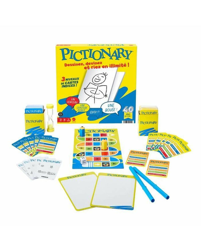 Mattel Pictionary board game for kids and families, featuring colorful game pieces and illustration cards on a table.