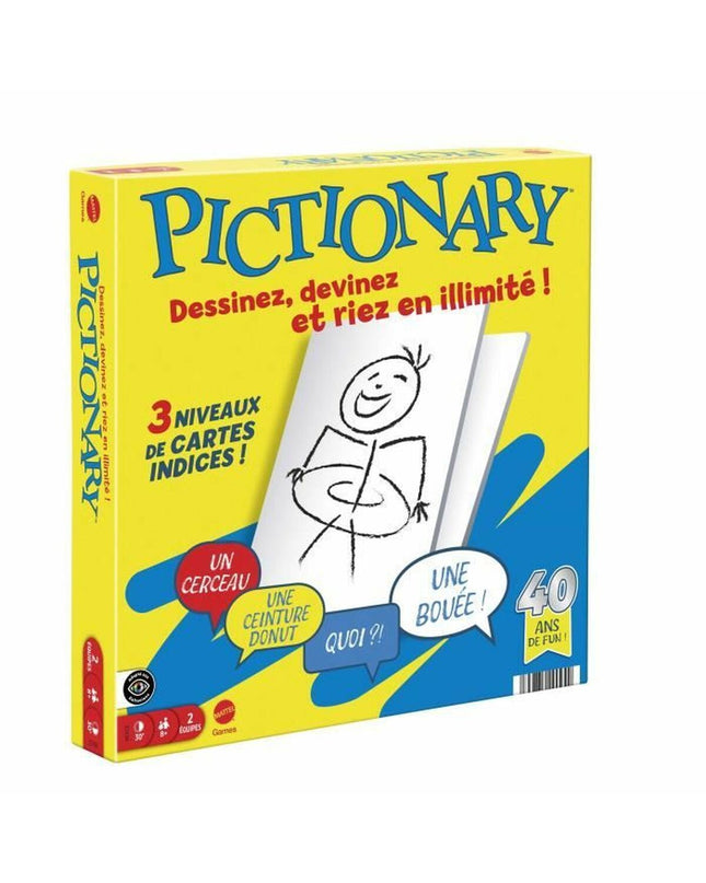 Mattel Pictionary board game for family fun, featuring colorful game pieces and drawing cards on a wooden table.