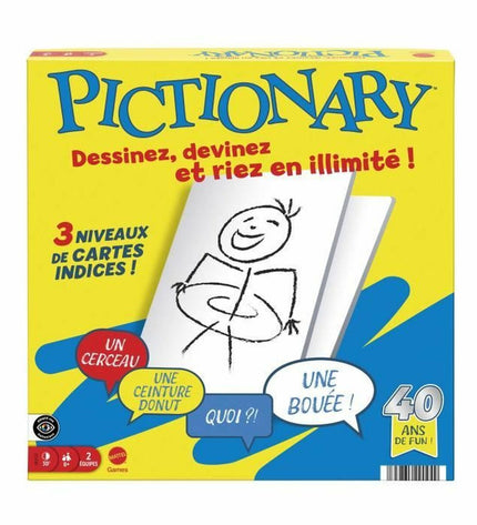 Mattel Pictionary board game for kids and families, featuring colorful game pieces and drawing cards on a flat surface.