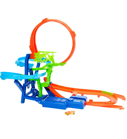 Mattel race track toy with colorful cars and track pieces, designed for children to race and play with colorful vehicle toys.