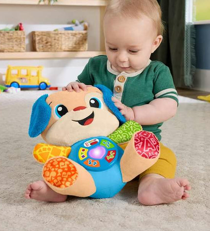 Mattel musical plush toy for babies, soft fabric with colorful design, measuring approximately 30.48 x 25.40 x 13.34 cm.