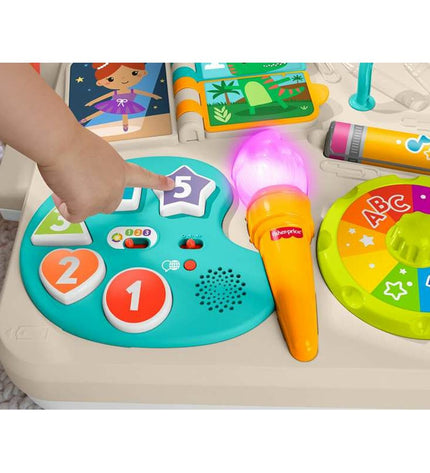 Colorful Fisher-Price interactive baby toy with lights and buttons, designed for young children’s play and developmental fun.