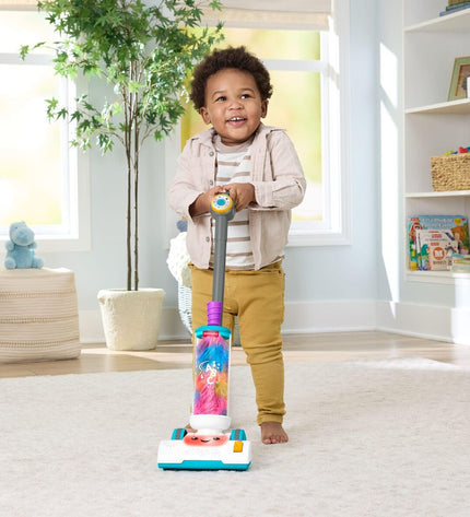 Fisher-Price toy vacuum cleaner, pretend play cleaning toy for kids, with colorful buttons and realistic design.