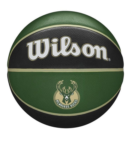 Wilson NBA Milwaukee Team Tribute size 7 basketball with green natural rubber surface for outdoor play.