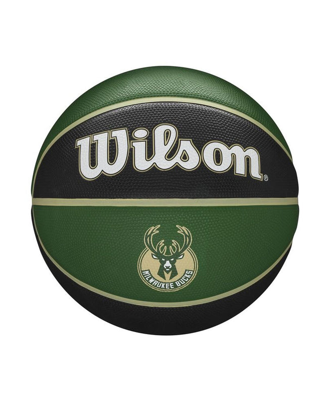 Wilson NBA Milwaukee Team Tribute size 7 basketball with green natural rubber surface for outdoor play.
