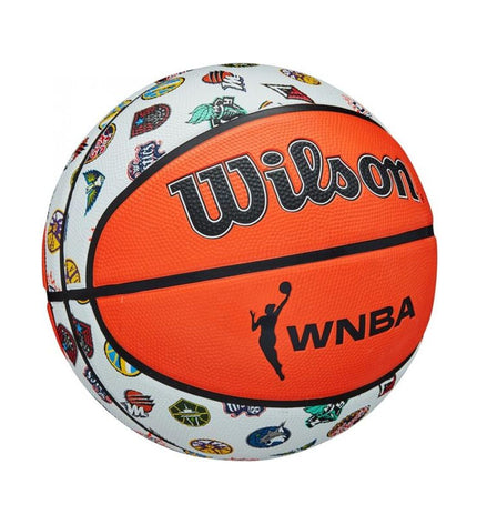 Wilson WNBA All Team basketball in dark orange, size 6, made of natural rubber, designed for indoor and outdoor play.