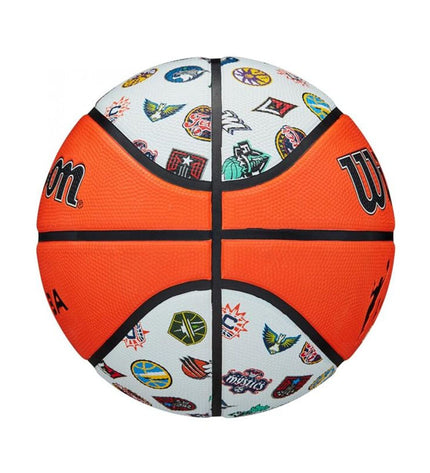 Wilson WNBA All Team basketball in dark orange, size 6, made of natural rubber, designed for outdoor sports and basketball games.