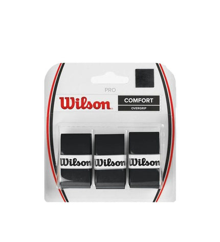 Wilson Pro tennis overgrip in black, showing textured grip surface and wrapping around a tennis racket handle.