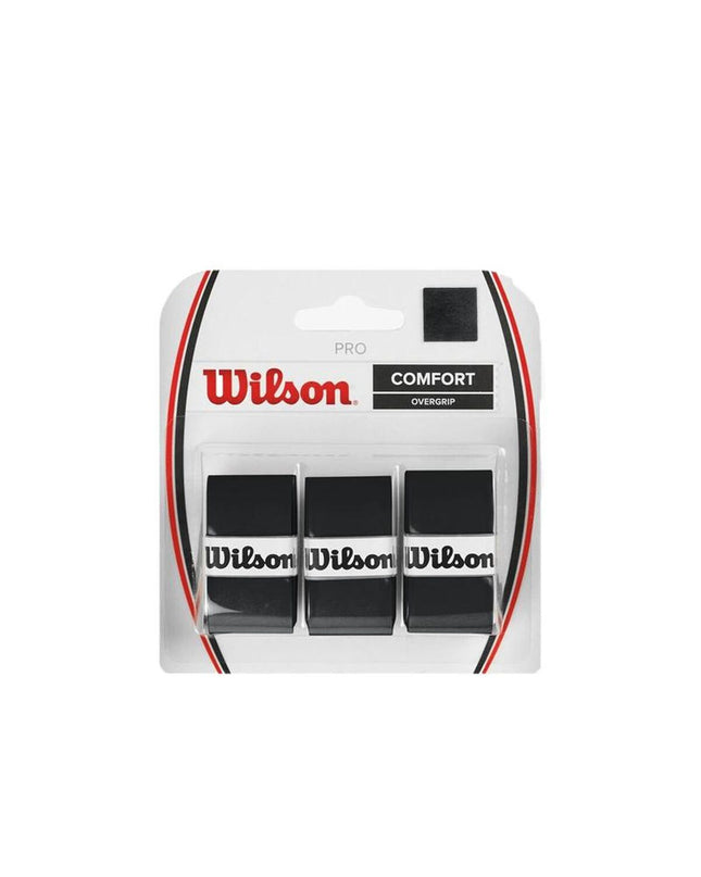 Wilson Pro tennis overgrip in black, showing textured grip surface and wrapping around a tennis racket handle.