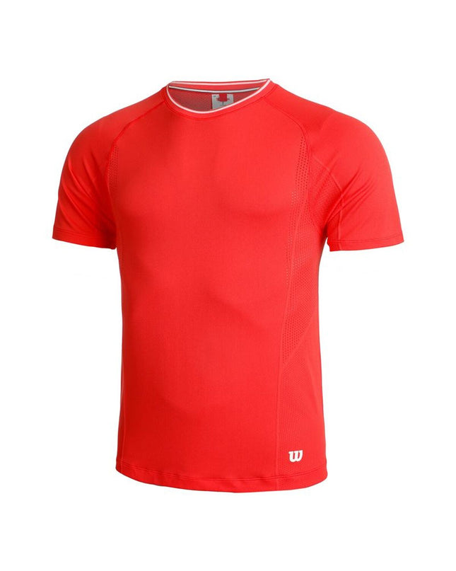 Wilson men's red short sleeve tennis t-shirt with seamless crew neck, designed for padel and outdoor sports.