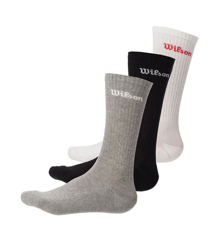 Wilson tennis crew sock pack featuring three pairs with logo design, suitable for sport and outdoor activities.