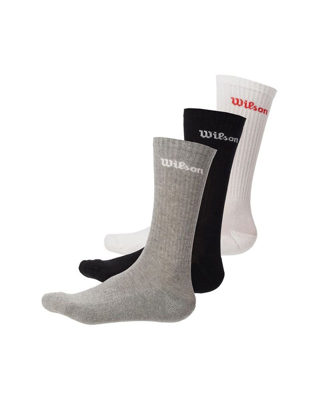 Wilson tennis crew sock pack featuring three pairs with logo design, suitable for sport and outdoor activities.