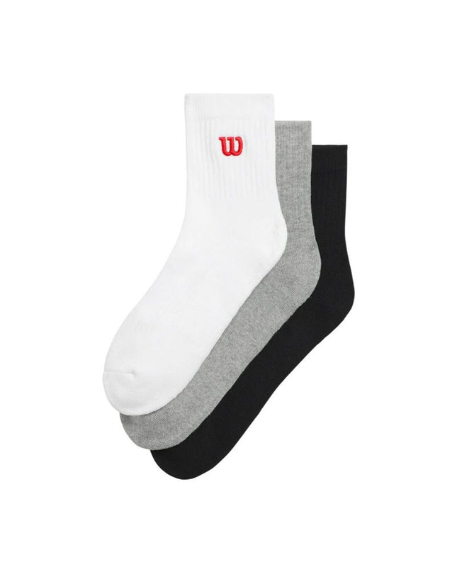 Wilson tennis sock pack with three pairs of quarter-top sports socks designed for outdoor tennis activities.