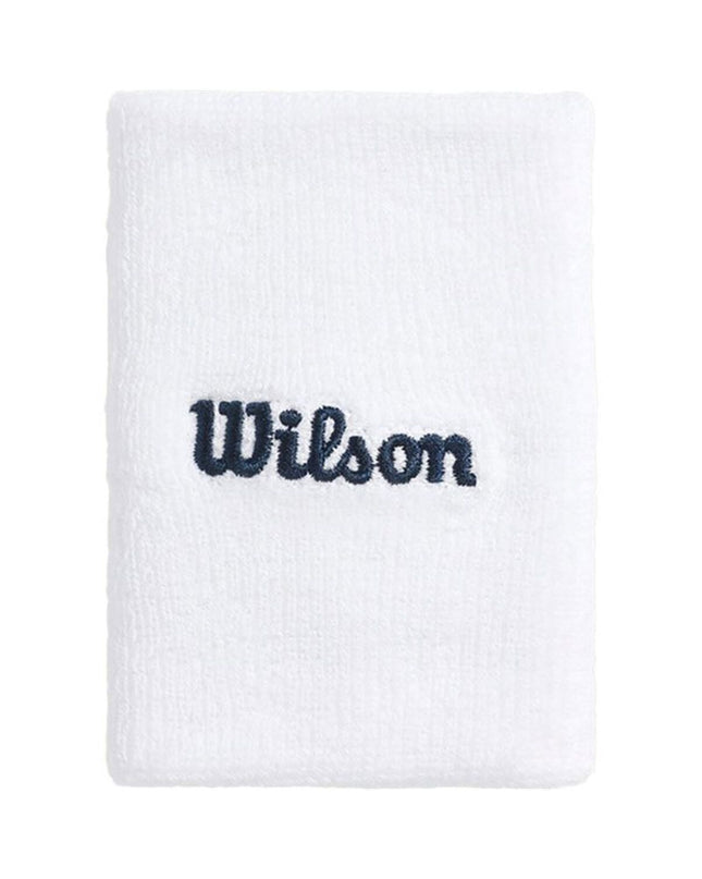 Wilson Sportarmband Wide Terry Wit for tennis, featuring a white wide Terry fabric design and adjustable strap for outdoor sports.