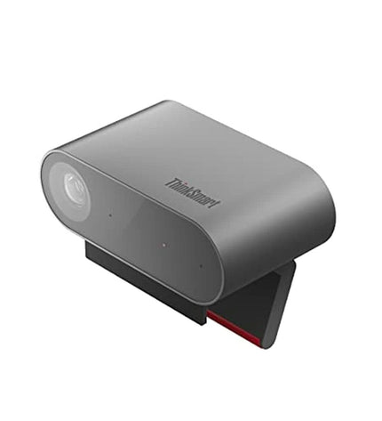 Lenovo ThinkSmart Cam electronic video camera with lens, mounted on a stand for high-quality video conferencing and recording.