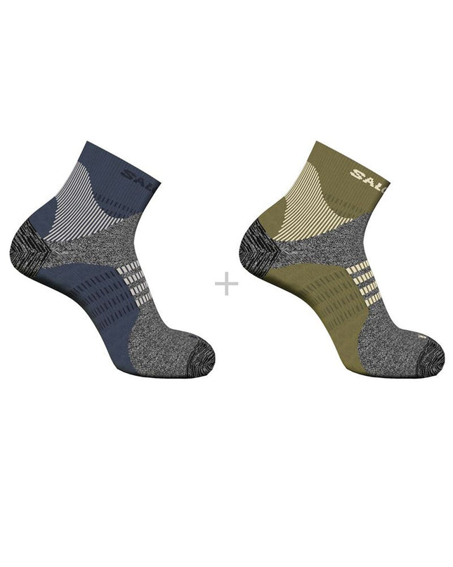 Pair of olive Salomon X Ultra Access quarter sports socks for outdoor hiking and camping, displayed flat.