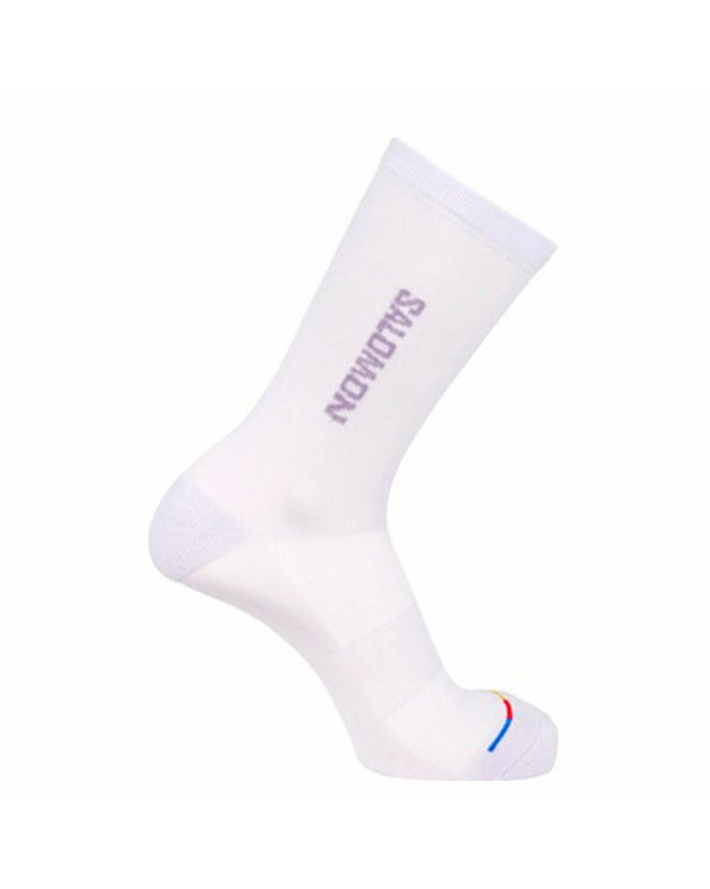 Salomon 365 Crew Cosmic Sky white sports socks for trail running and outdoor activities, with breathable fabric and comfortable fit.