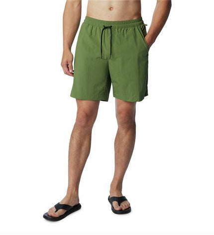 Columbia Summerdry men's swim shorts for watersport, featuring lightweight fabric and adjustable waistband on a hanger.
