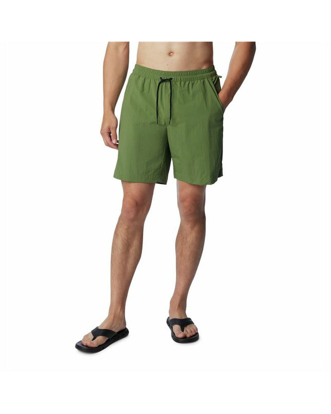 Columbia Summerdry men's swim shorts for watersport, featuring lightweight fabric and adjustable waistband on a hanger.