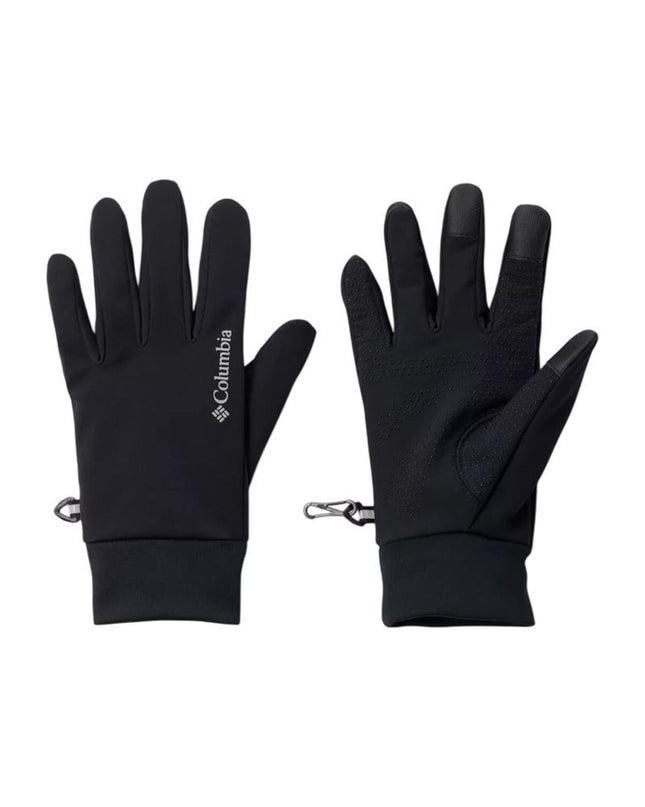 Black Columbia Trail Commute II gloves designed for outdoor activities and hiking, showing a close-up of the gloves' material and fit.