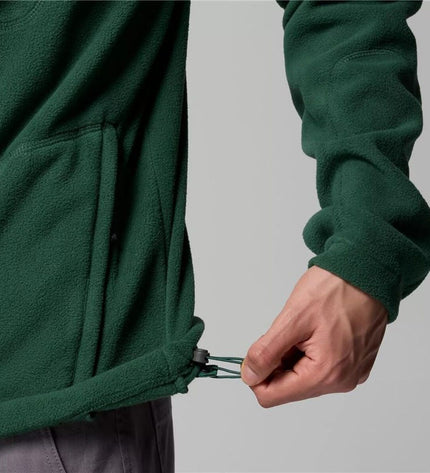 Columbia Fast Trek II men's fleece lining, ideal for outdoor activities, shown in green with close-up of soft fleece fabric.